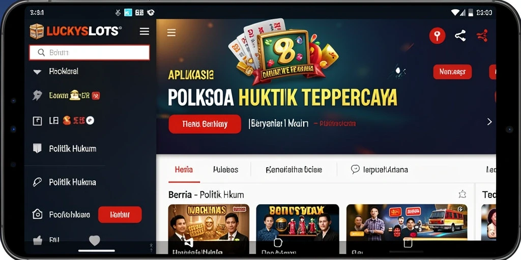 Tampilan antarmuka aplikasi LUCKYSLOTS dengan berita politik dan hukum.